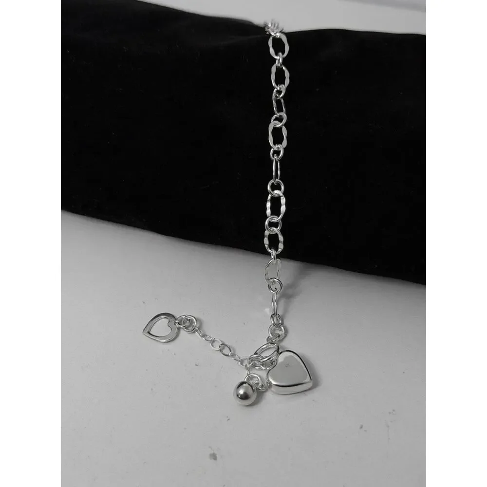 Sterling Silver Heart Charm Toggle Bracelet 925 Textured Link Chain 8.5 Inch